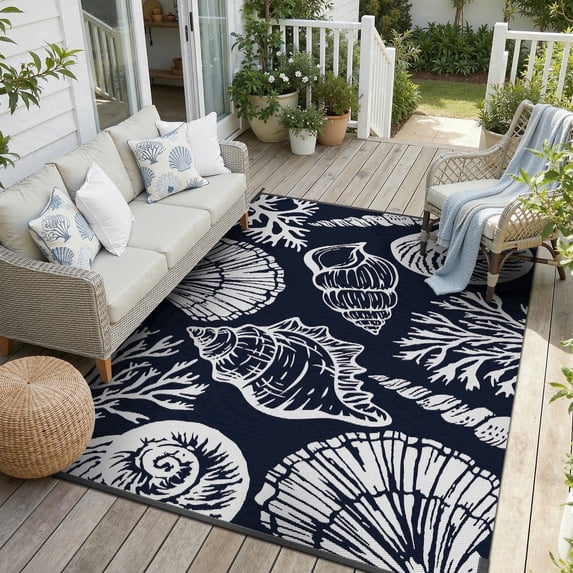 SIXHOME 5'x8' Waterproof Reversible Outdoor Rug, Coastal Ocean-Inspired Patio Rug, Lightweight Woven Plastic Carpet for RV, Camping, Deck & Balcony, Dark Blue