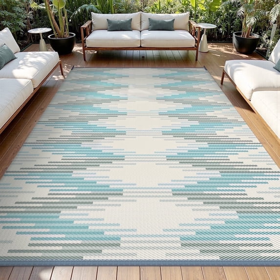 SIXHOME Outdoor Rug Carpet 5'x8' Waterproof Reversible Patio Rug Portable Modern Indoor Outdoor Rug Plastic Straw Rug for RV Camping Garden Picnic Deck Backyard Boho Porch Decor Teal and Gray