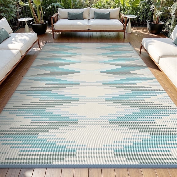 SIXHOME Outdoor Rug Carpet 5'x8' Waterproof Reversible Patio Rug Portable Modern Indoor Outdoor Rug Plastic Straw Rug for RV Camping Garden Picnic Deck Backyard Boho Porch Decor Teal and Gray
