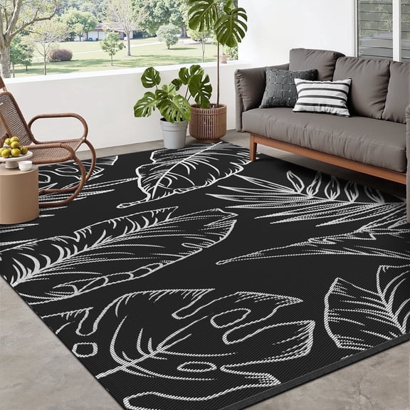 SIXHOME Outdoor Rug Carpet 5'x8' Waterproof Reversible Patio Rug Portable Tropical Indoor Outdoor Rug Plastic Straw Rug for RV Camping Garden Picnic Deck Backyard Modern Porch Decor Black and White