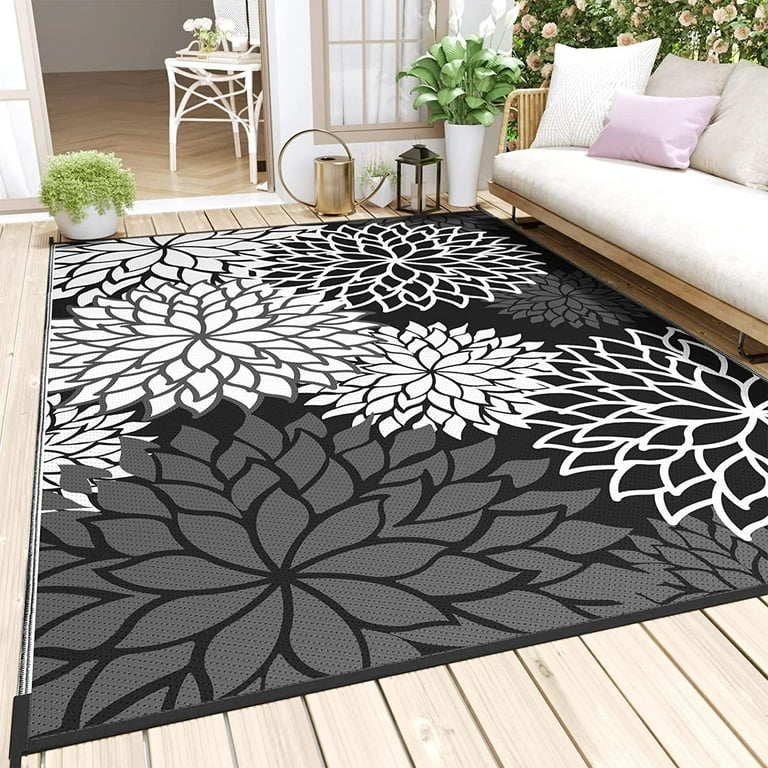 SIXHOME Outdoor Rug Carpet 5x8 Waterproof Patio Rug Reversible Floral  Outdoor Plastic Straw Rugs for Patio Decor Indoor Outdoor Area Rug Black  and
