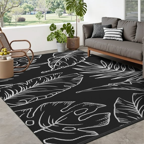 SIXHOME Outdoor Rug Carpet 6'x9' Waterproof Reversible Patio Rug Portable Tropical Indoor Outdoor Rug Plastic Straw Rug for RV Camping Garden Picnic Deck Backyard Modern Porch Decor Black and White