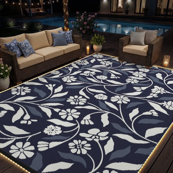 SIXHOME Outdoor Rug with LED Strip Lights 8'x10' Waterproof Patio Rug Reversible Indoor Outdoor Rug Lightweight Plastic Straw Rug for RV Camping Deck Balcony Boho Porch Decor Blue