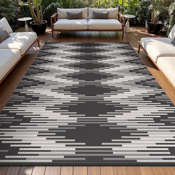 SIXHOME Outdoor Rug Carpet 8'x10' Waterproof Reversible Patio Rug Portable Modern Indoor Outdoor Rug Plastic Straw Rug for RV Camping Garden Picnic Deck Backyard Boho Porch Decor Black and Gray