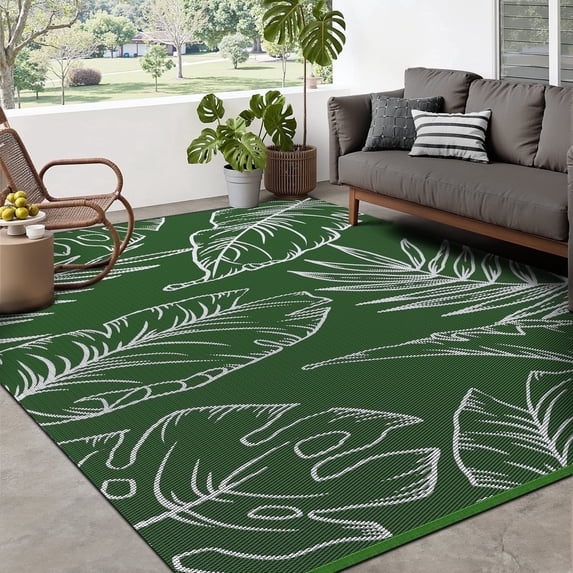 SIXHOME Outdoor Rug Carpet 8'x10' Waterproof Reversible Patio Rug Portable Tropical Indoor Outdoor Rug Plastic Straw Rug for RV Camping Garden Picnic Deck Backyard Modern Porch Decor Green and White