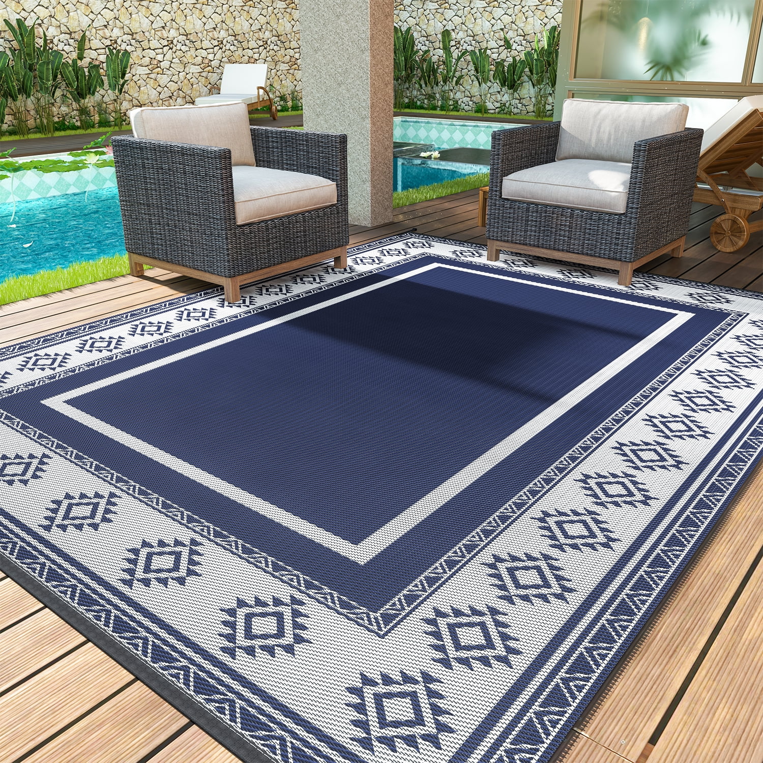 SIXHOME Waterproof Reversible Outdoor Rug 6x9, Navy/White Moroccan