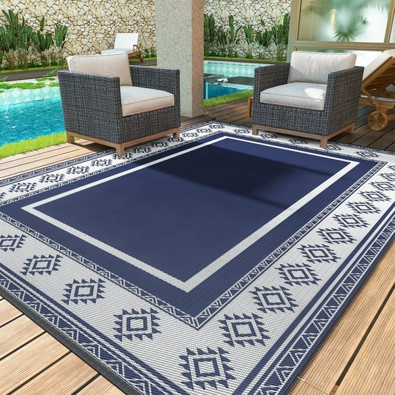 SIXHOME 6x9 Feet Waterproof Outdoor Rug - Reversible Blue & White Plastic Patio Mat, Non-Slip Durable Moroccan Geometric Design for Camping, RV, Balcony, Porch, Picnic