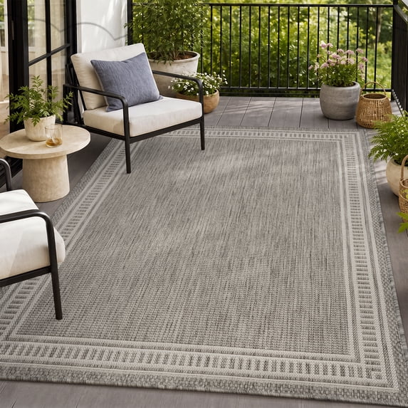 SIXHOME 4' x 6' Outdoor Area Rug, Gray Modern Bordered Polypropylene Patio Rug, Indoor Outdoor Rug for Deck, Porch, Backyard, Living Room