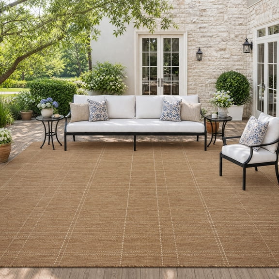 SIXHOME Outdoor Rugs 8'x10' Runner, Modern Patio Rug, Indoor Outdoor Polypropylene Weave Textured Carpet for Porch, Balcony, RV, Garden, Neutral Brown