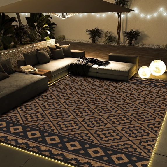 SIXHOME Outdoor Rug with LED Strip Light 8'x10' Waterproof Reversible Patio Rug Modern Lightweight Plastic Straw Indoor Outdoor Rug for RV Camping Deck Balcony Porch Boho Patio Decor Black and Brown