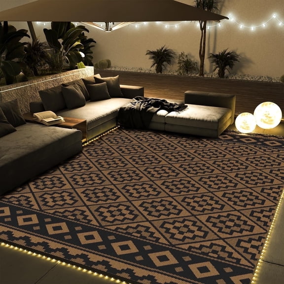 SIXHOME Outdoor Rug with LED Strip Light 8'x10' Waterproof Reversible Patio Rug Modern Lightweight Plastic Straw Indoor Outdoor Rug for RV Camping Deck Balcony Porch Boho Patio Decor Black and Brown