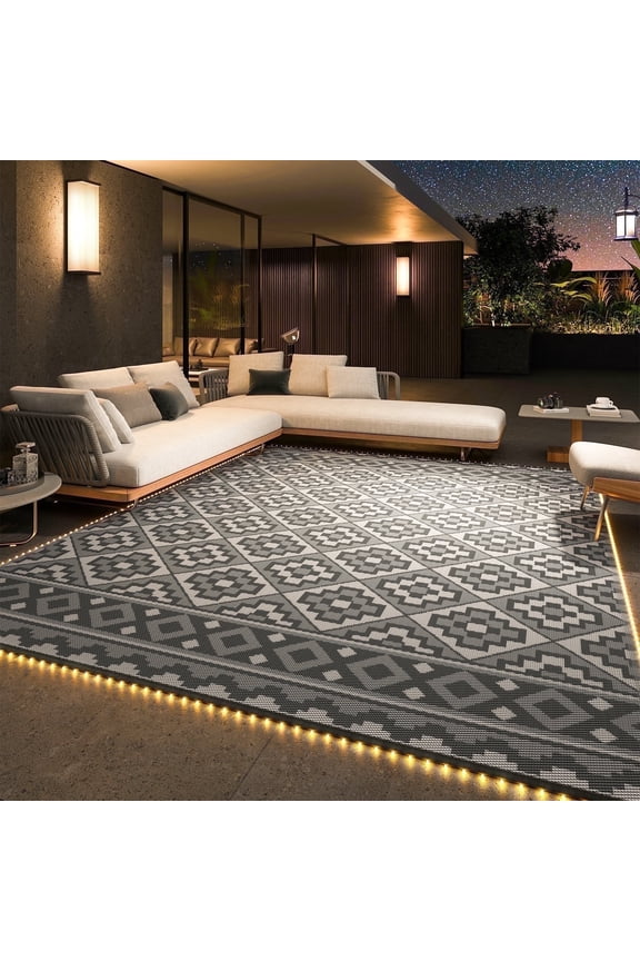 Outdoor Rug with LED Strip Light 9'x12' Waterproof Reversible Patio Rug Modern Lightweight Plastic Straw Indoor Outdoor Rug for RV Camping Deck Balcony Porch Boho Patio Decor Light Gray