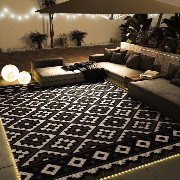 SIXHOME Outdoor Rug with LED Strip Light 9'x12' Waterproof Reversible Patio Rug Modern Lightweight Plastic Straw Indoor Outdoor Rug for RV Camping Deck Balcony Porch Boho Patio Decor Black and Wite