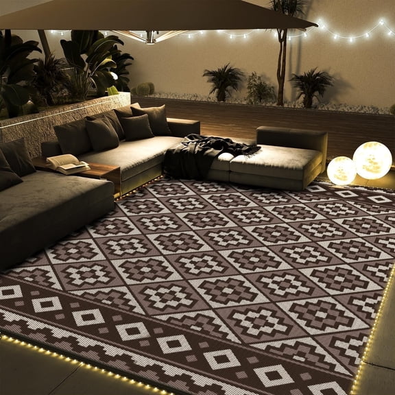 SIXHOME Outdoor Rug with LED Strip Light 9'x12' Waterproof Reversible Patio Rug Modern Lightweight Plastic Straw Indoor Outdoor Rug for RV Camping Deck Balcony Porch Boho Patio Decor Brown and Beige