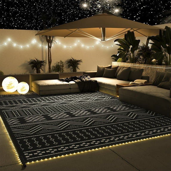 SIXHOME Outdoor Rug with LED Strip Lights 8'x10' Waterproof Patio Rug Reversible Indoor Outdoor Rug Lightweight Plastic Straw Rug for RV Camping Deck Balcony Boho Porch Decor Black and White