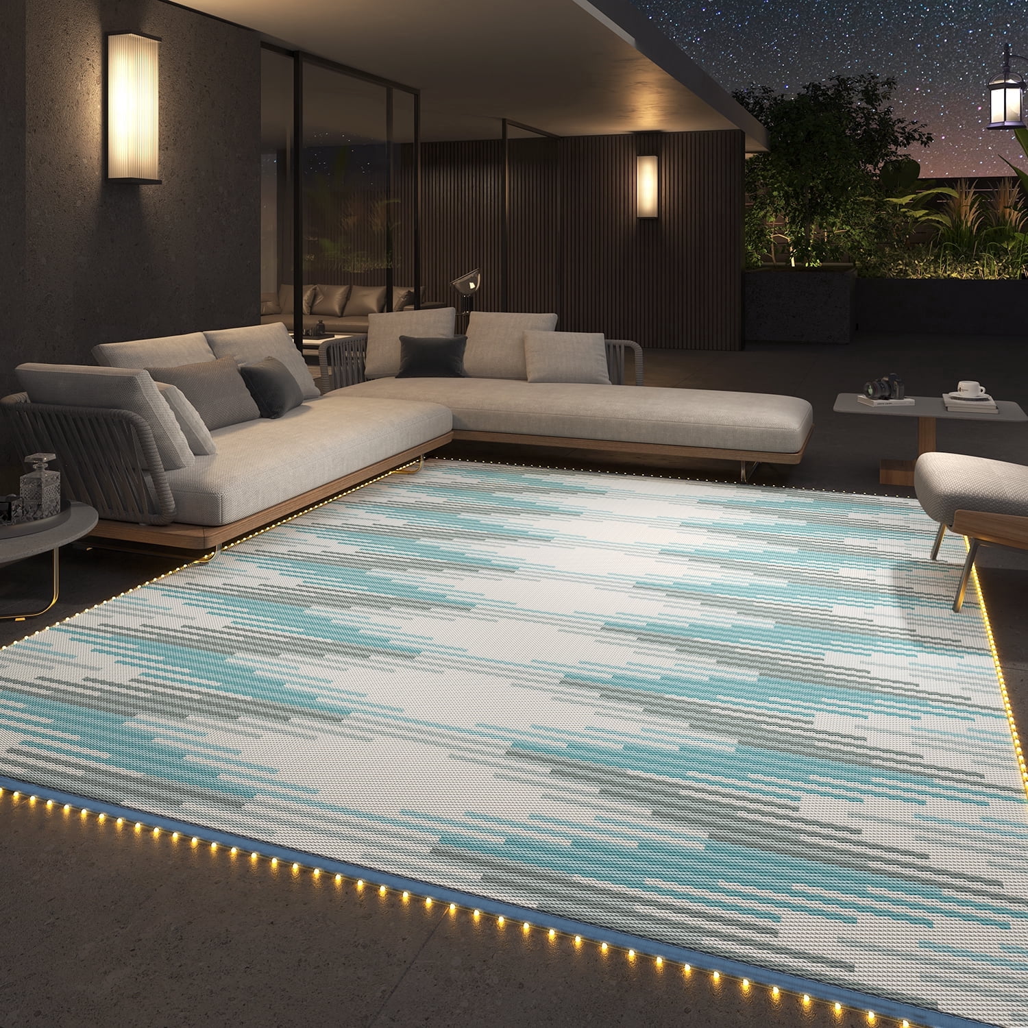 SIXHOME Outdoor Rug with LED Strip Lights 8'x10' Waterproof Reversible ...