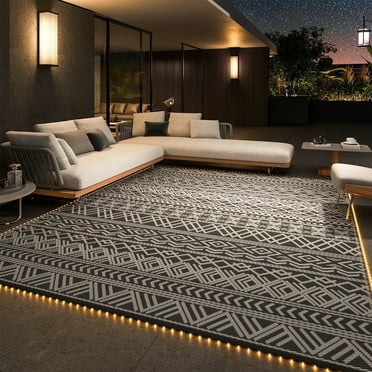 SIXHOME Outdoor Rug with LED Strip Lights 8'x10' Waterproof Reversible Patio Rug Boho Geometric Indoor Outdoor Rugs Lightweight Plastic Straw Rug for RV Camping Deck Balcony Modern Porch Decor Black