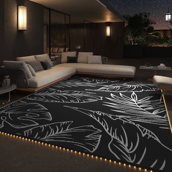 SIXHOME Outdoor Rug with LED Strip Lights 8'x10' Waterproof Reversible Patio Rug Portable Tropical Indoor Outdoor Rug Plastic Straw Rug for RV Camping Garden Picnic Deck Backyard Black and White