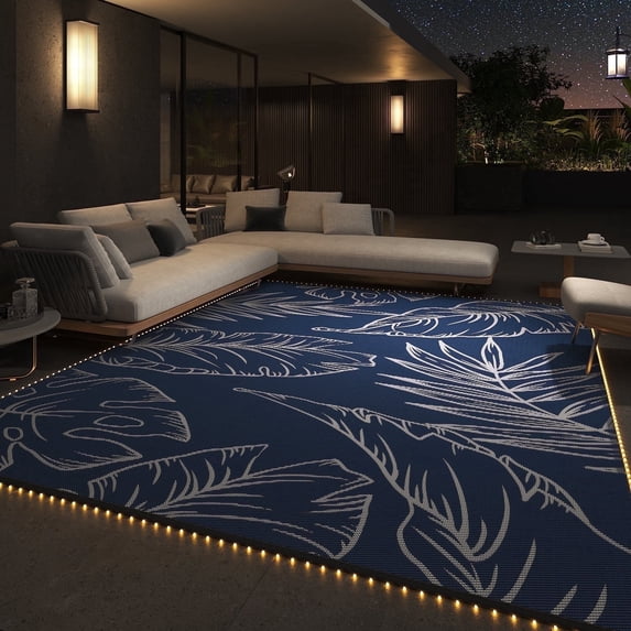 SIXHOME Outdoor Rug with LED Strip Lights 8'x10' Waterproof Reversible Patio Rug Portable Tropical Indoor Outdoor Rug Plastic Straw Rug for RV Camping Garden Picnic Deck Backyard Blue and Gray