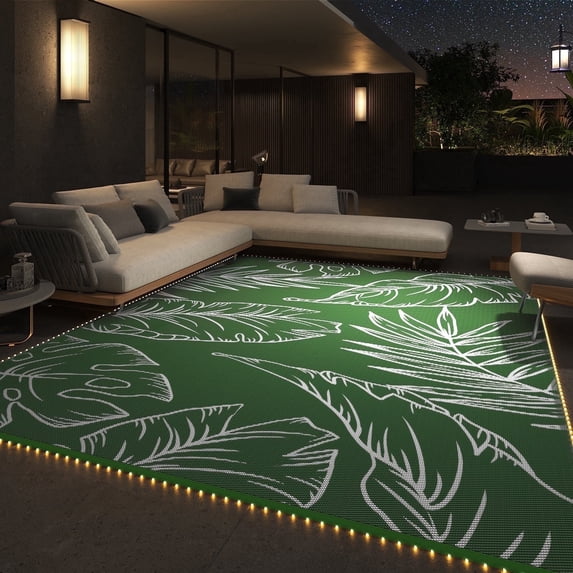 SIXHOME Outdoor Rug with LED Strip Lights 8'x10' Waterproof Reversible Patio Rug Portable Tropical Indoor Outdoor Rug Plastic Straw Rug for RV Camping Garden Picnic Deck Backyard Green and White