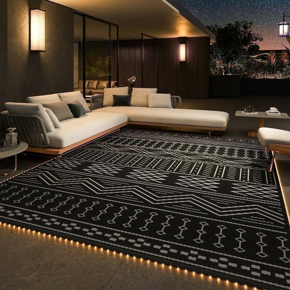 SIXHOME Outdoor Rug with LED Strip Lights 9'x12' Waterproof Patio Rug Reversible Indoor Outdoor Rug Lightweight Plastic Straw Rug for RV Camping Deck Balcony Boho Porch Decor Dark Grey and White