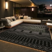 SIXHOME Outdoor Rug with LED Strip Lights 9x12 Waterproof Patio Rug Reversible Indoor Outdoor Rug Lightweight Plastic Straw Rug for RV Camping Deck Balcony Boho Porch Decor Dark Grey and White