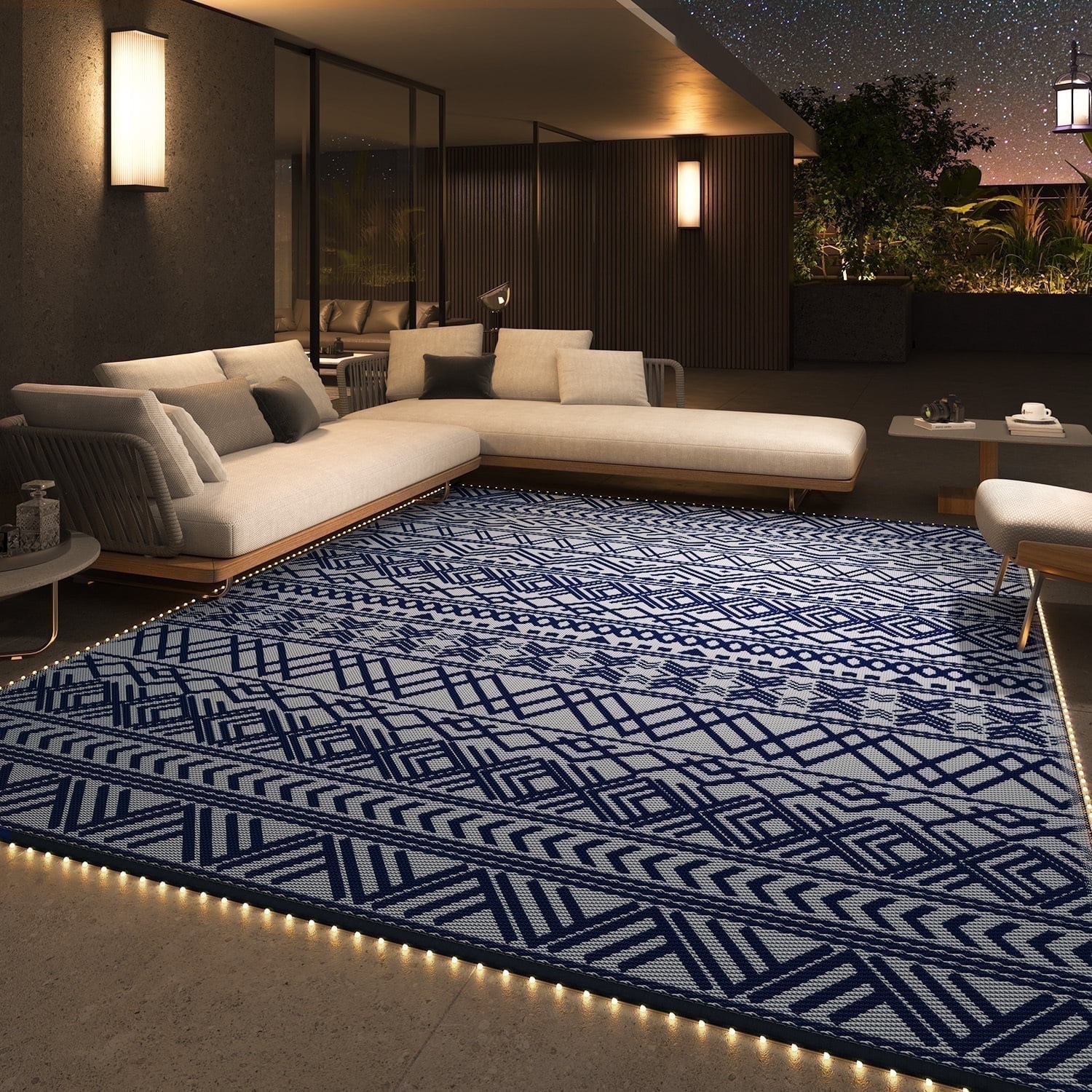 SIXHOME Outdoor Rug with LED Strip Lights 9'x12' Waterproof Reversible ...
