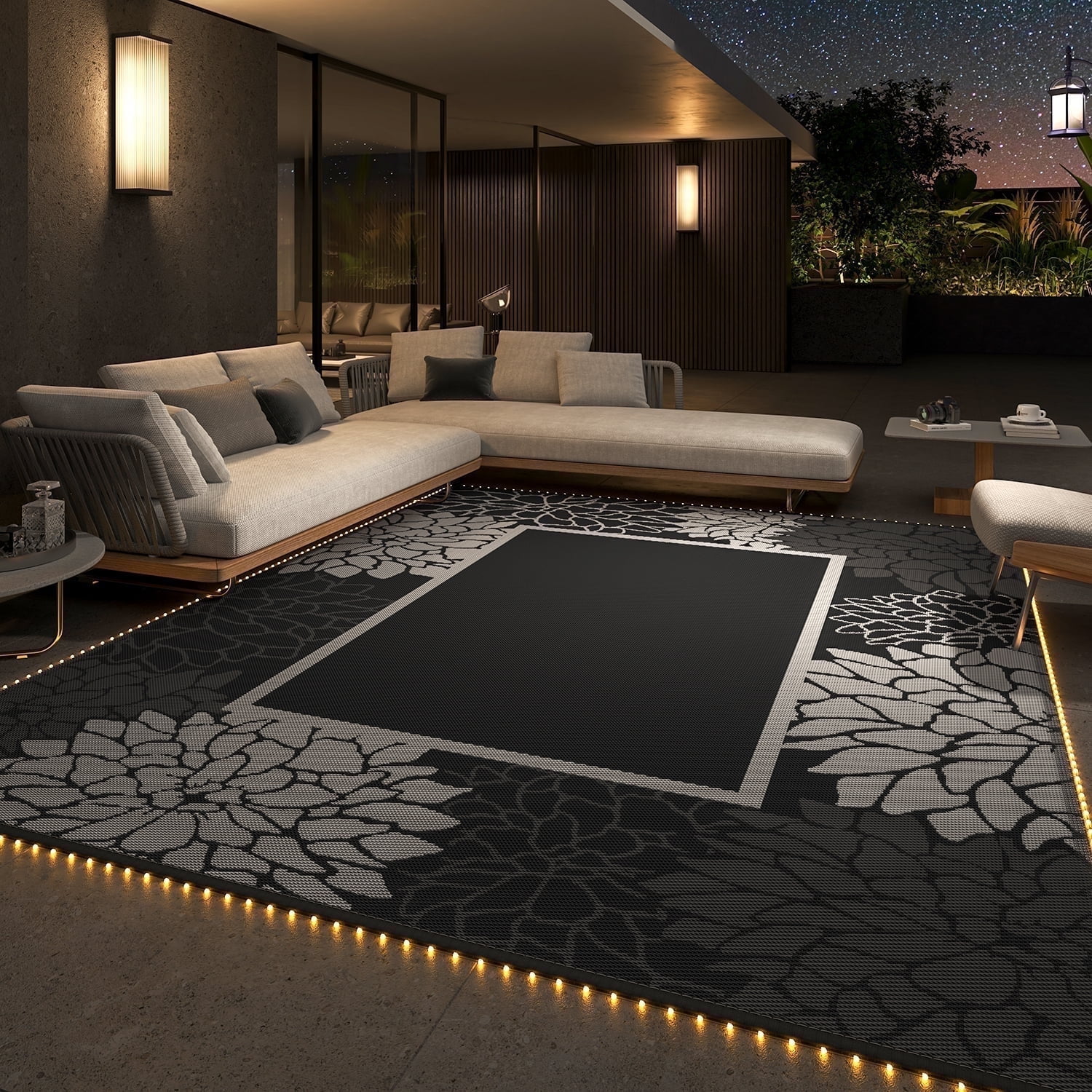 SIXHOME Outdoor Rug with LED Strip Lights 9'x12' Waterproof Reversible ...
