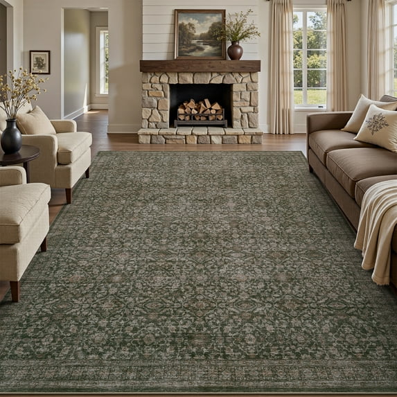 SIXHOME 6'x9' Vintage Distressed Area Rug Soft Washable Non-Slip Carpet American Classic Retro Rug with Geometric Rugs for Living Room Bedroom Neutral Home Decor Green