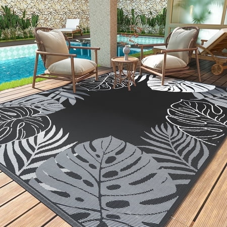 SIXHOME 5'x8' Feet Waterproof Outdoor Rug, Reversible Black Plastic Patio Mat with Straw Texture Tropical Palm Leaf, Non-Slip Carpet for Camping, RV, Balcony, Porch, Picnic