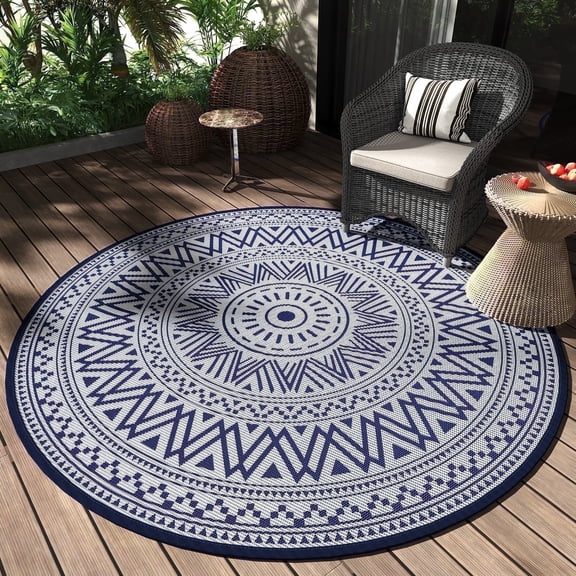 SIXHOME Outdoor Rugs 10'x10' Round Indoor Outdoor Rugs Waterproof Reversible Patio Rug Plastic Straw Lightweight Outdoor Carpet for RV Camping Deck Balcony Graden Beach Boho Porch Decor Blue
