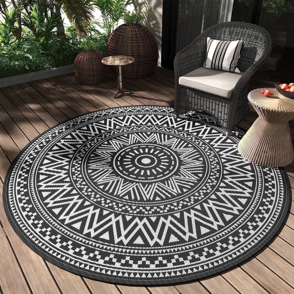 SIXHOME Outdoor Rugs 10'x10' Round Indoor Outdoor Rugs Waterproof Reversible Patio Rug Plastic Straw Lightweight Outdoor Carpet for RV Camping Deck Balcony Graden Beach Boho Porch Decor Black