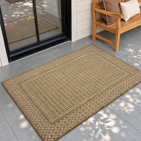 SIXHOME Outdoor Mat 2'x3' Front Door Mat Modern Bordered Indoor Entryway Doormat Polypropylene Washable Non Shedding, Easy Clean, Waterproof, Durable Outdoor Doormat Neutral Brown