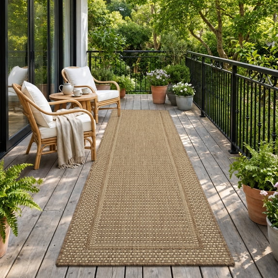 SIXHOME Outdoor Runner 2'x8' Modern Bordered Indoor Outdoor Runner Rugs Polypropylene Washable Non Shedding, Easy Clean, Waterproof, Durable Outdoor Carpet for Porch Balcony Deck Neutral Brown