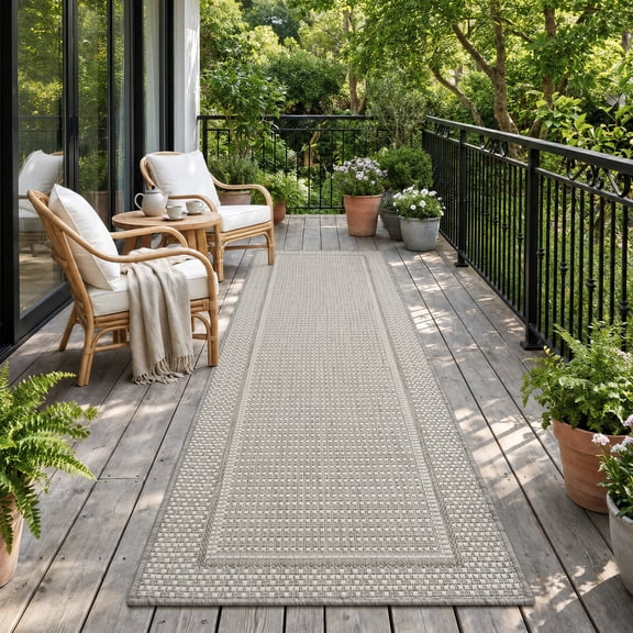 SIXHOME Outdoor Runner 2'x8' Modern Bordered Indoor Outdoor Runner Rugs Polypropylene Washable Non Shedding, Easy Clean, Waterproof, Durable Outdoor Carpet for Porch Balcony Deck Neutral Gray