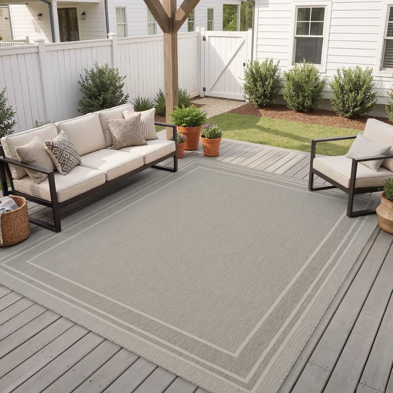 SIXHOME Outdoor Rugs 4'x6' Patio Rug Modern Bordered Indoor Outdoor Rugs Polypropylene Washable Non Shedding, Easy Clean, Waterproof, Durable Outdoor Carpet for Porch Balcony Deck Neutral Gray