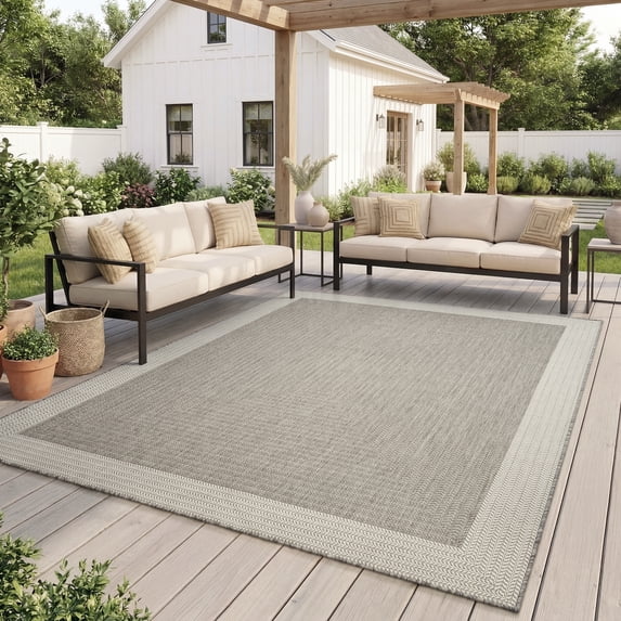 SIXHOME Outdoor Rugs 5'x7' Patio Rug Geometric Bordered Indoor Outdoor Rugs Polypropylene Washable Non Shedding, Easy Clean, Waterproof, Durable Outdoor Carpet for Porch Balcony Deck Neutral Gray