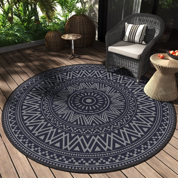 SIXHOME Outdoor Rugs 6'x6' Round Indoor Outdoor Rugs Waterproof Reversible Patio Rug Plastic Straw Lightweight Outdoor Carpet for RV Camping Deck Balcony Graden Beach Boho Porch Decor Blue and Gray