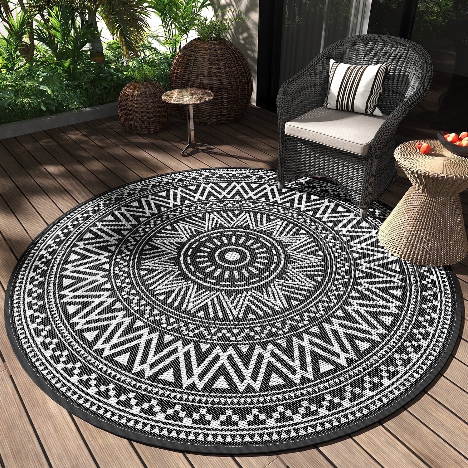 Walmart sales :  SIXHOME Outdoor Rugs 6'x6' Round Indoor Outdoor Rugs Waterproof Reversible Patio Rug Plastic Straw Lightweight Outdoor Carpet for RV Camping Deck Balcony Graden Beach Boho Porch Decor Black