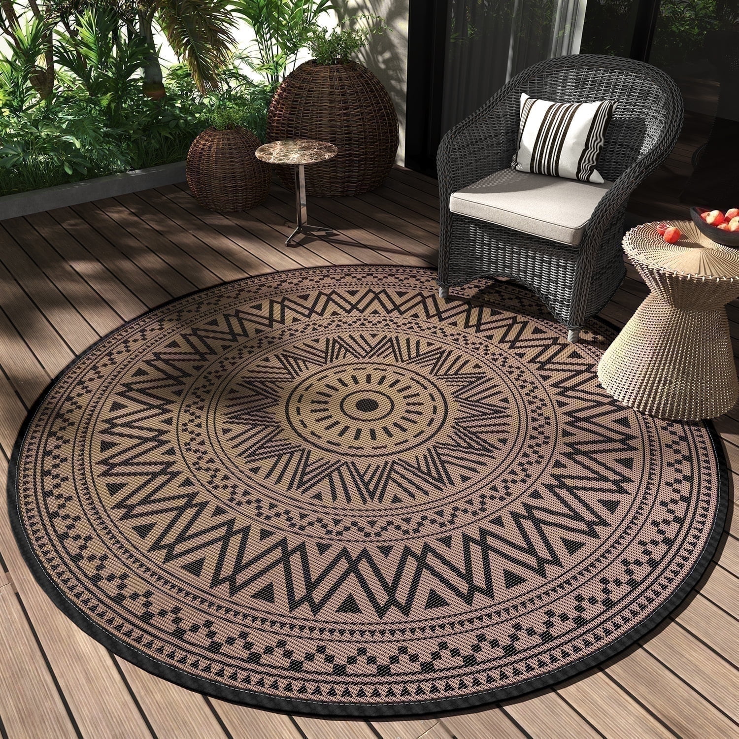 SIXHOME Outdoor Patio Rug, 6'x6' Round, Waterproof, Reversible Bohemian ...