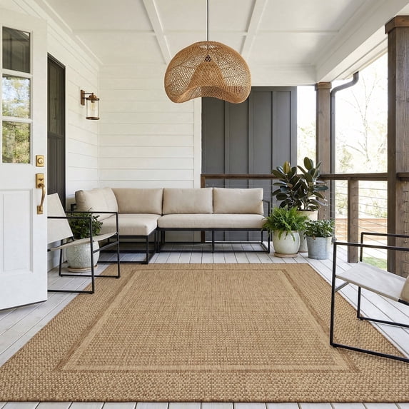 SIXHOME Outdoor Rugs 6'x9' Patio Rug Modern Bordered Indoor Outdoor Rugs Polypropylene Washable Non Shedding, Easy Clean, Waterproof, Durable Outdoor Carpet for Porch Balcony Deck Neutral Brown