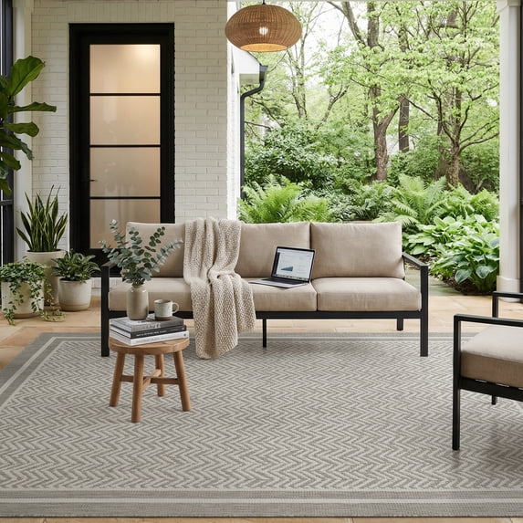 SIXHOME Outdoor Rugs 8'x10', Farmhouse Bordered Patio Rug, Indoor Outdoor Polypropylene Weave Textured Carpet for Porch, Balcony, RV, Garden, Neutral Gray