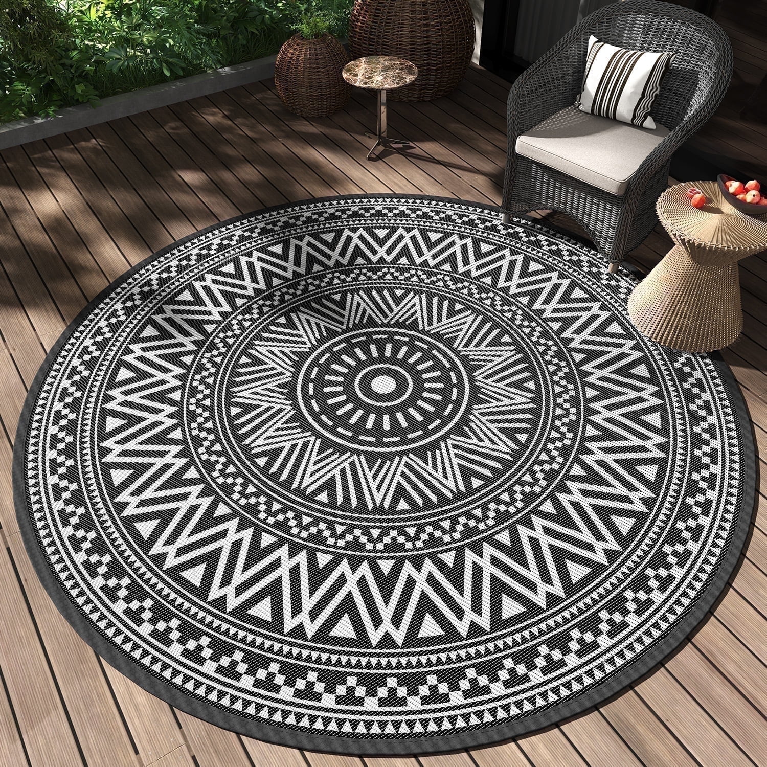 Walmart Coupons of SIXHOME 8'x8' Water Resistant Outdoor Rug, Reversible Patio Rug for RV, Deck, Balcony Decor, Black/White Round
