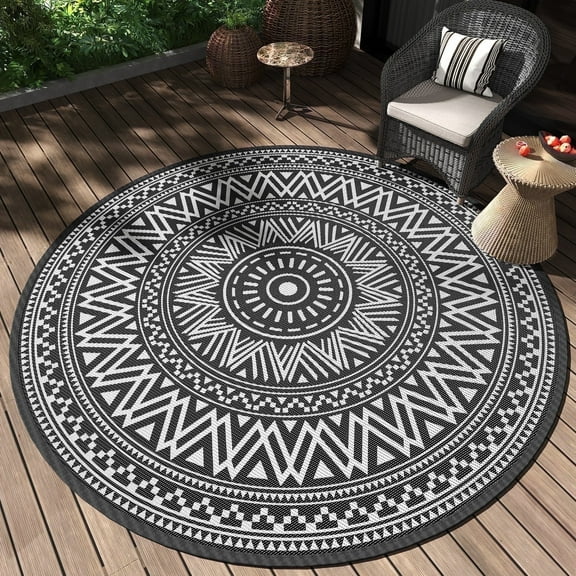 SIXHOME Outdoor Rugs 8'x8' Round Indoor Outdoor Rugs Waterproof Reversible Patio Rug Plastic Straw Lightweight Outdoor Carpet for RV Camping Deck Balcony Graden Beach Boho Porch Decor Black