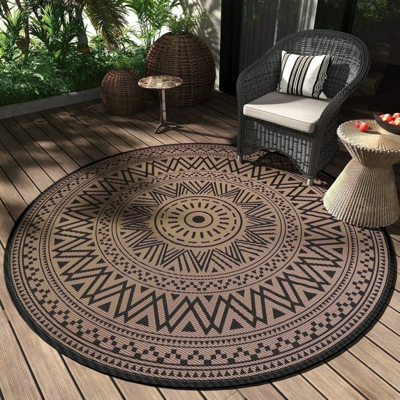 SIXHOME Outdoor Rugs 8'x8' Round Indoor Outdoor Rugs Waterproof Reversible Patio Rug Plastic Straw Lightweight Outdoor Carpet for RV Camping Deck Balcony Graden Beach Boho Porch Decor Brown
