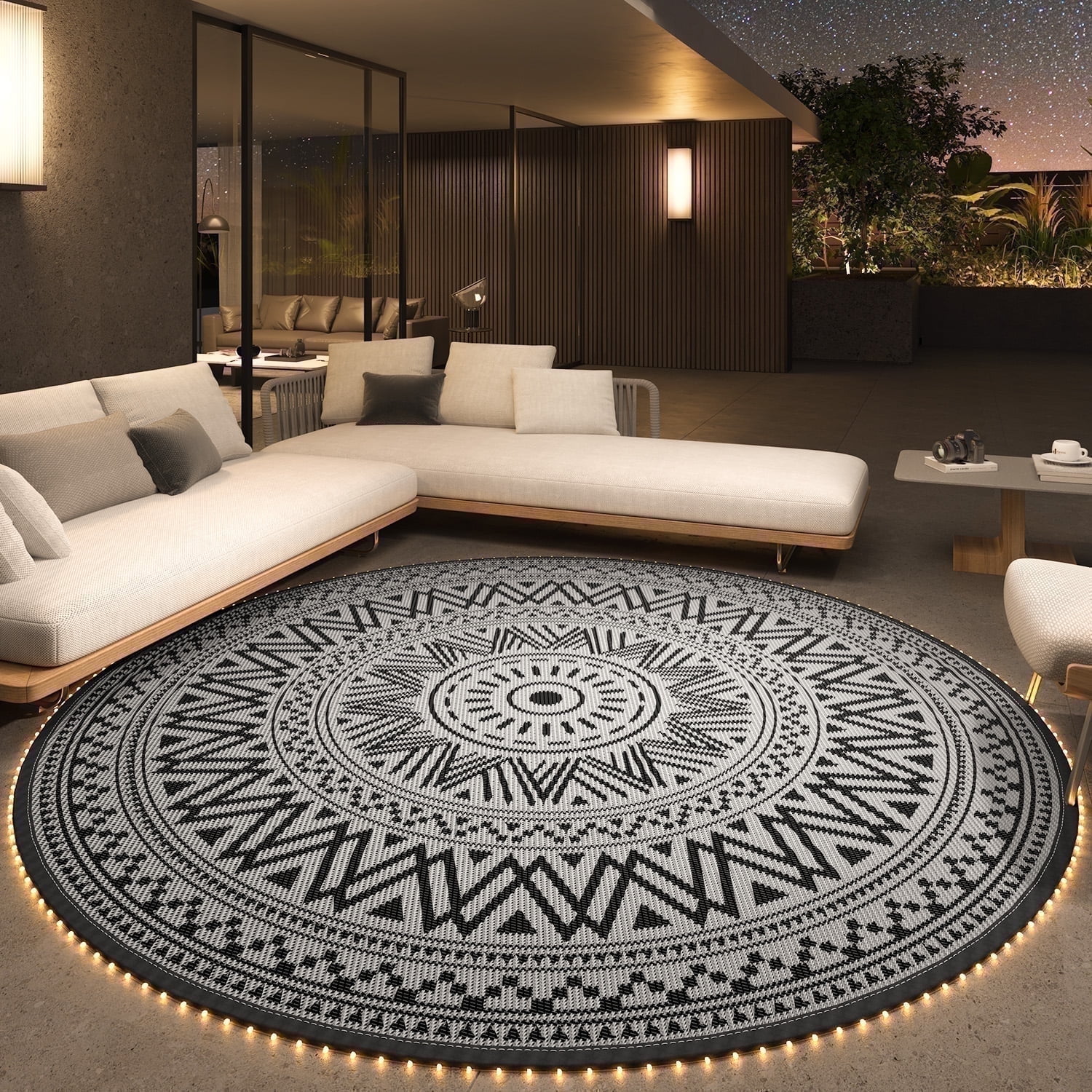 SIXHOME Outdoor Rugs with LED Strip Lights 10'x10' Round Indoor Outdoor ...