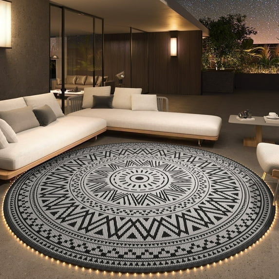 SIXHOME Outdoor Rugs with LED Strip Lights 10'x10' Round Indoor Outdoor Rugs Waterproof Reversible Patio Rug Plastic Straw Lightweight Outdoor Carpet for RV Camping Deck Balcony Graden Beach Black