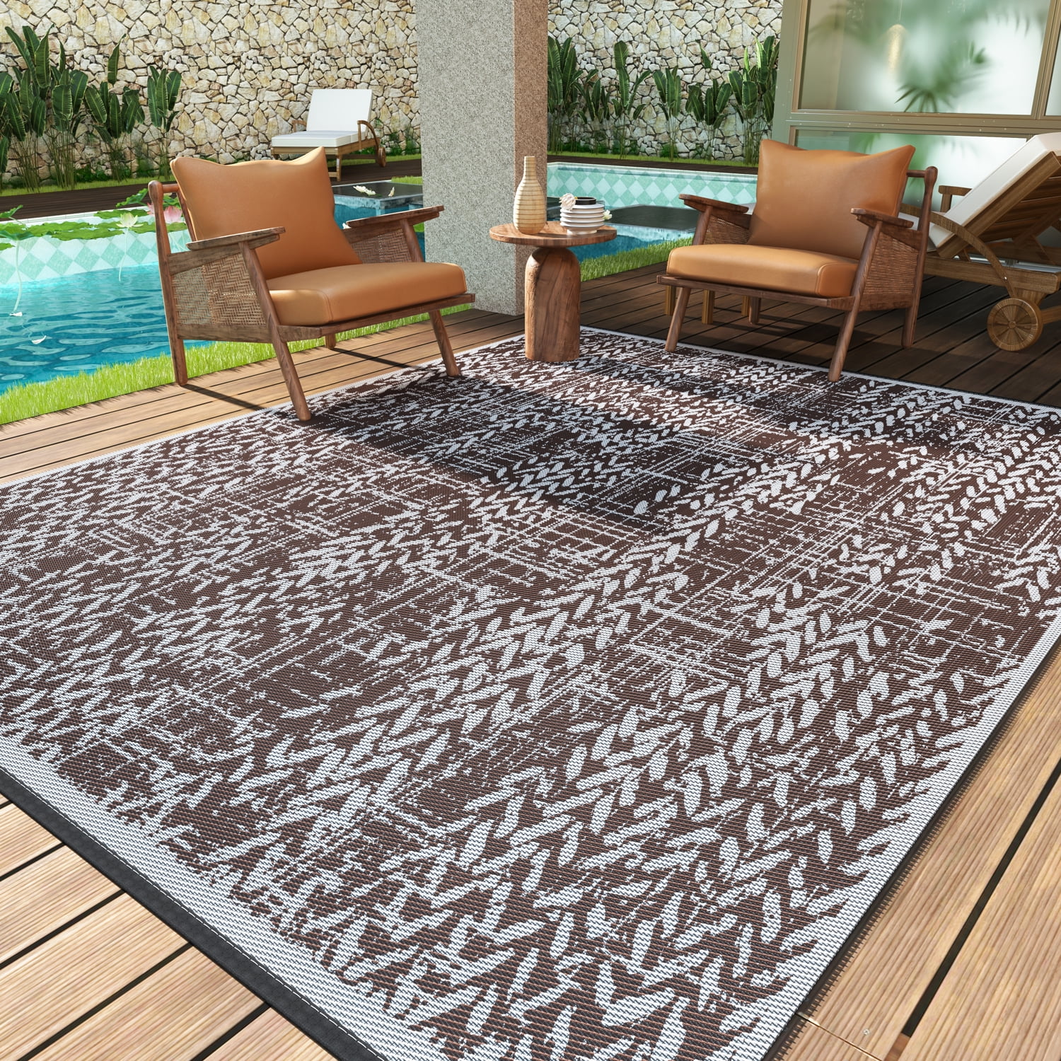 VUNATE Outdoor Rugs Patio Clearance Waterproof Mat 5x8 Stylish Plastic Straw Reversible Large Area Rug for Picnic RV Camping Porch Balcony Brown and Beige Walmart