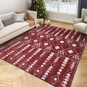 SIXHOME Red Christmas Rugs for Living Room, Boho Area Rug 5x7, Washable Non-Slip Carpet, Soft Rugs for Bedroom Dinning Room, Geometric Pattern Floor Rug Indoor Home Decor