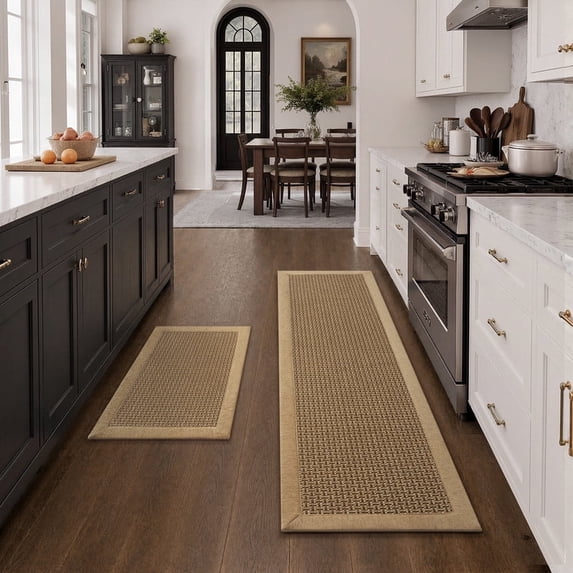 SIXHOME Kitchen Rugs and Mats Set 20"x32" and 20"x71" Non-Slip Washable Kitchen Floor Mats, Farmhouse Runner and Small Rug for Kitchen Hallway Laundry Room Decor in Brown Beige